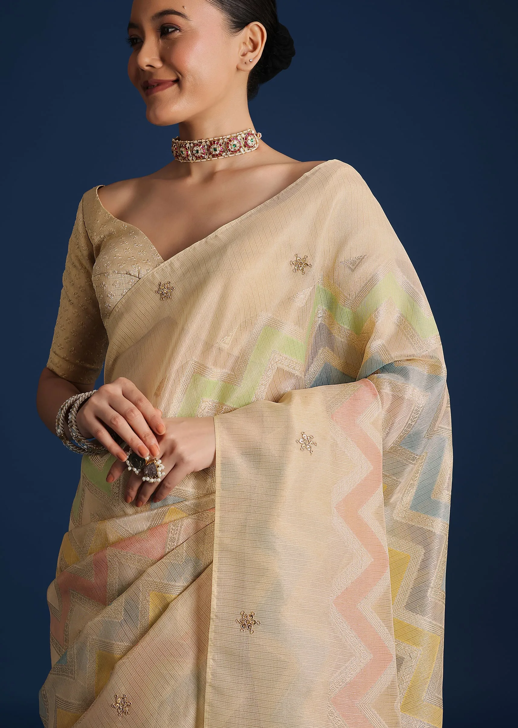 Gold Handloom Tissue Chanderi Rangkart Saree with Zardosi Work