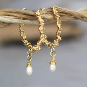 Gold Pearl Wire Wrapped Hoop Earrings