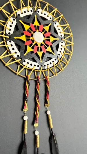 Hand painted Wooden Dreamcatcher w/ Moonstone, Mother-of-Pearl, Raven Feather, 4 Sacred Colours (XL)