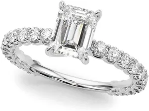 JewelMore 1.00 Carat CERTIFIED LAB GROWN DIAMONDS Classic Prong Set Emerald Cut and Round Diamond Engagement Rings G-H Color SI1-SI2 Clarity 1/3Ct Center)