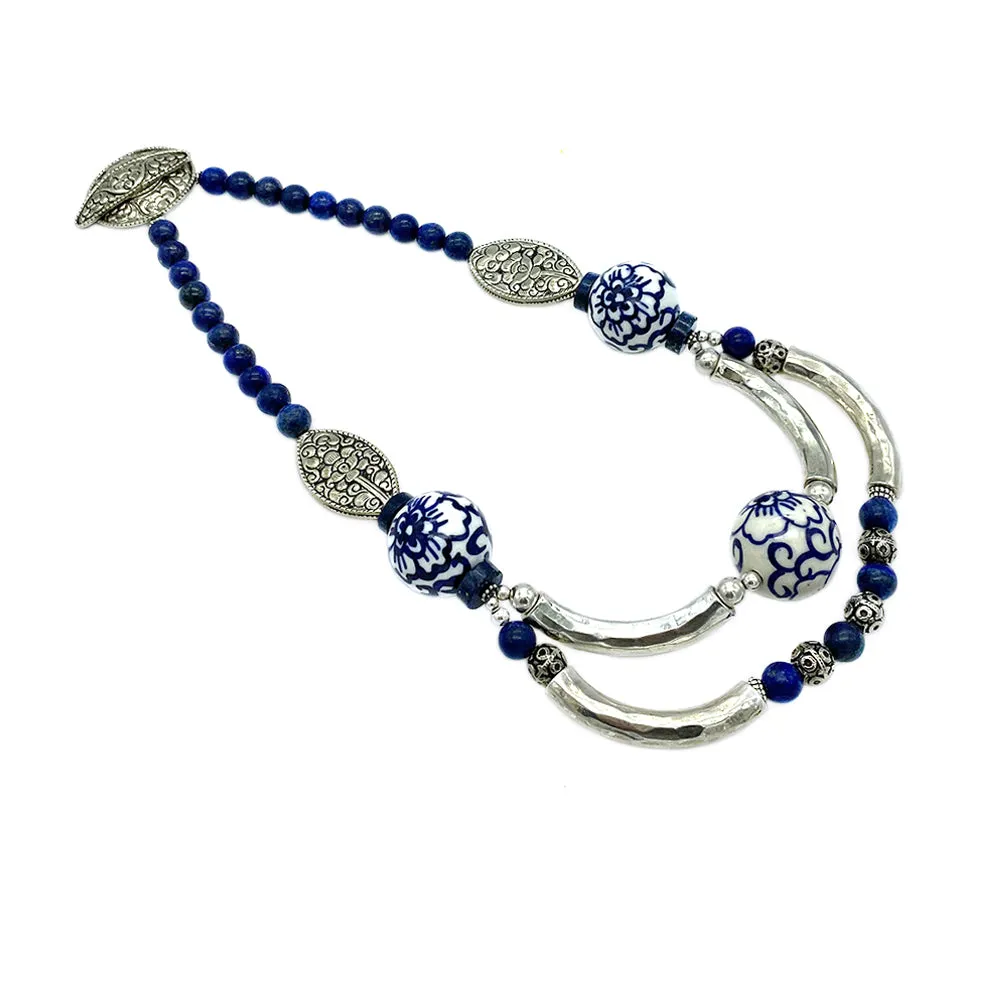 Lapis Lazuli and Porcelain Bib Necklace