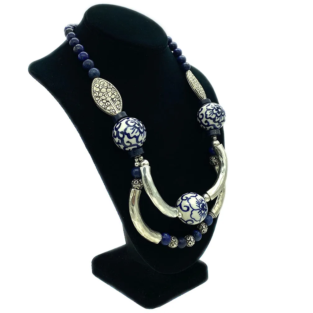 Lapis Lazuli and Porcelain Bib Necklace