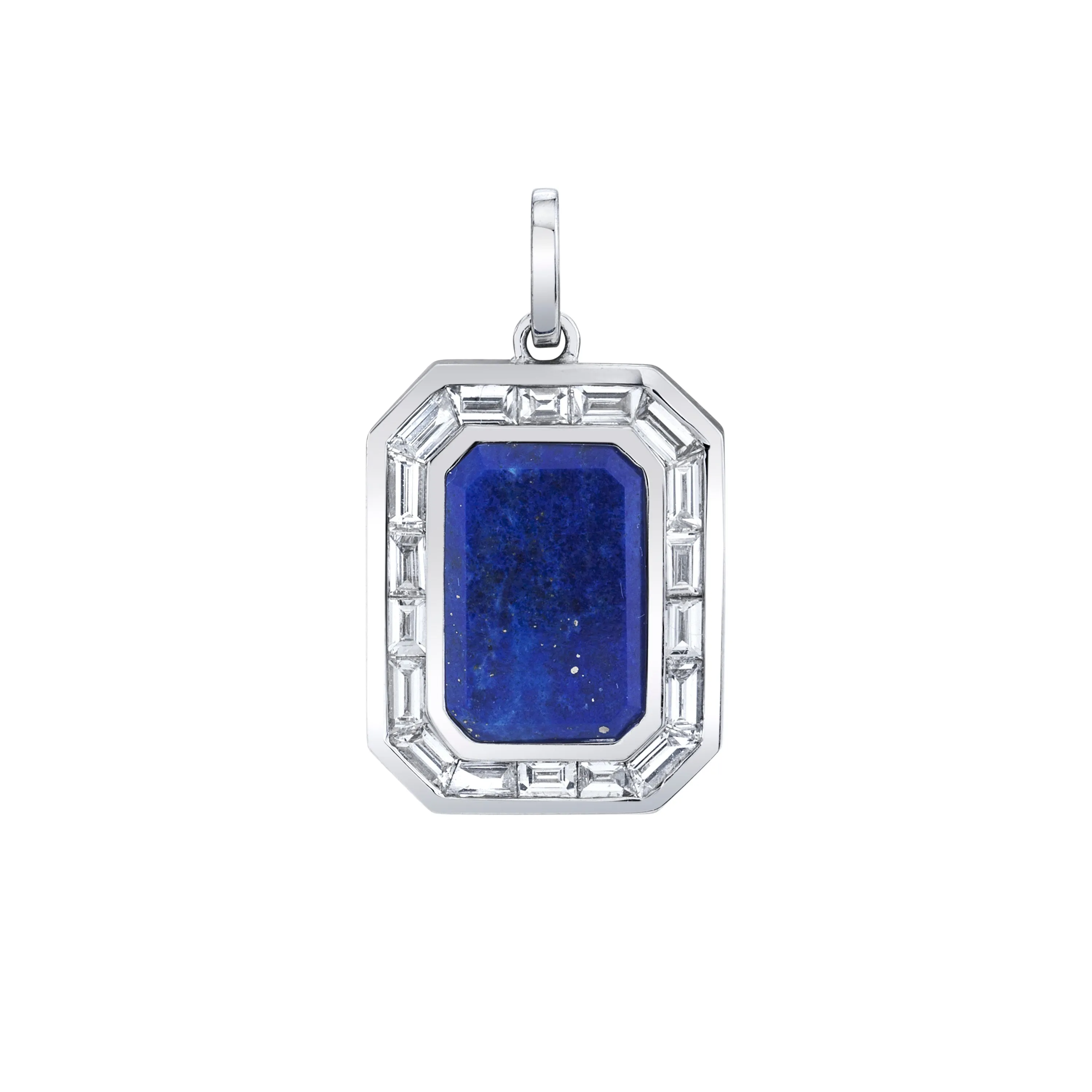 LAPIS NAMEPLATE PENDANT W/ BAGUETTE DIAMOND BORDER
