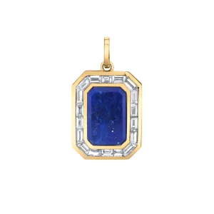 LAPIS NAMEPLATE PENDANT W/ BAGUETTE DIAMOND BORDER
