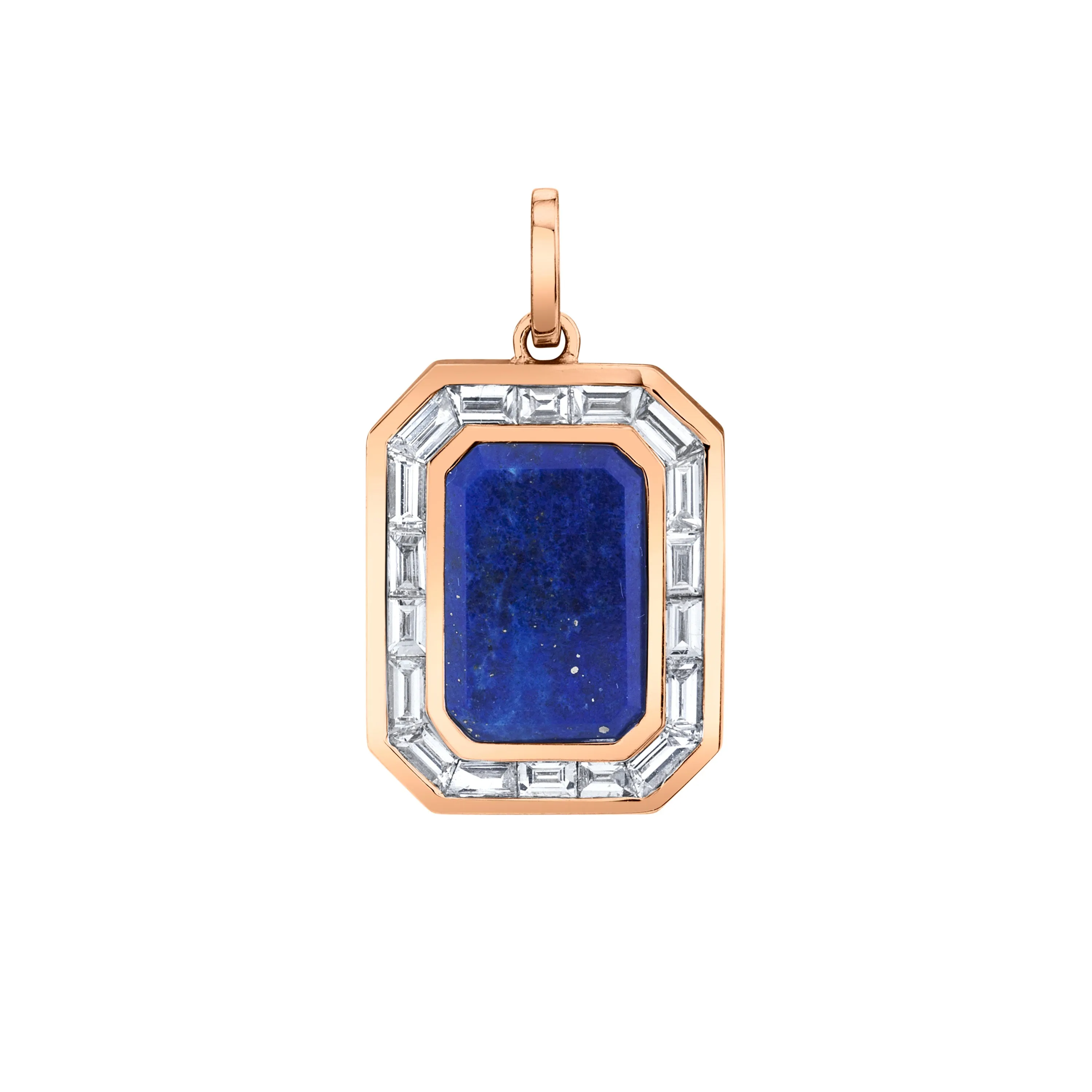 LAPIS NAMEPLATE PENDANT W/ BAGUETTE DIAMOND BORDER