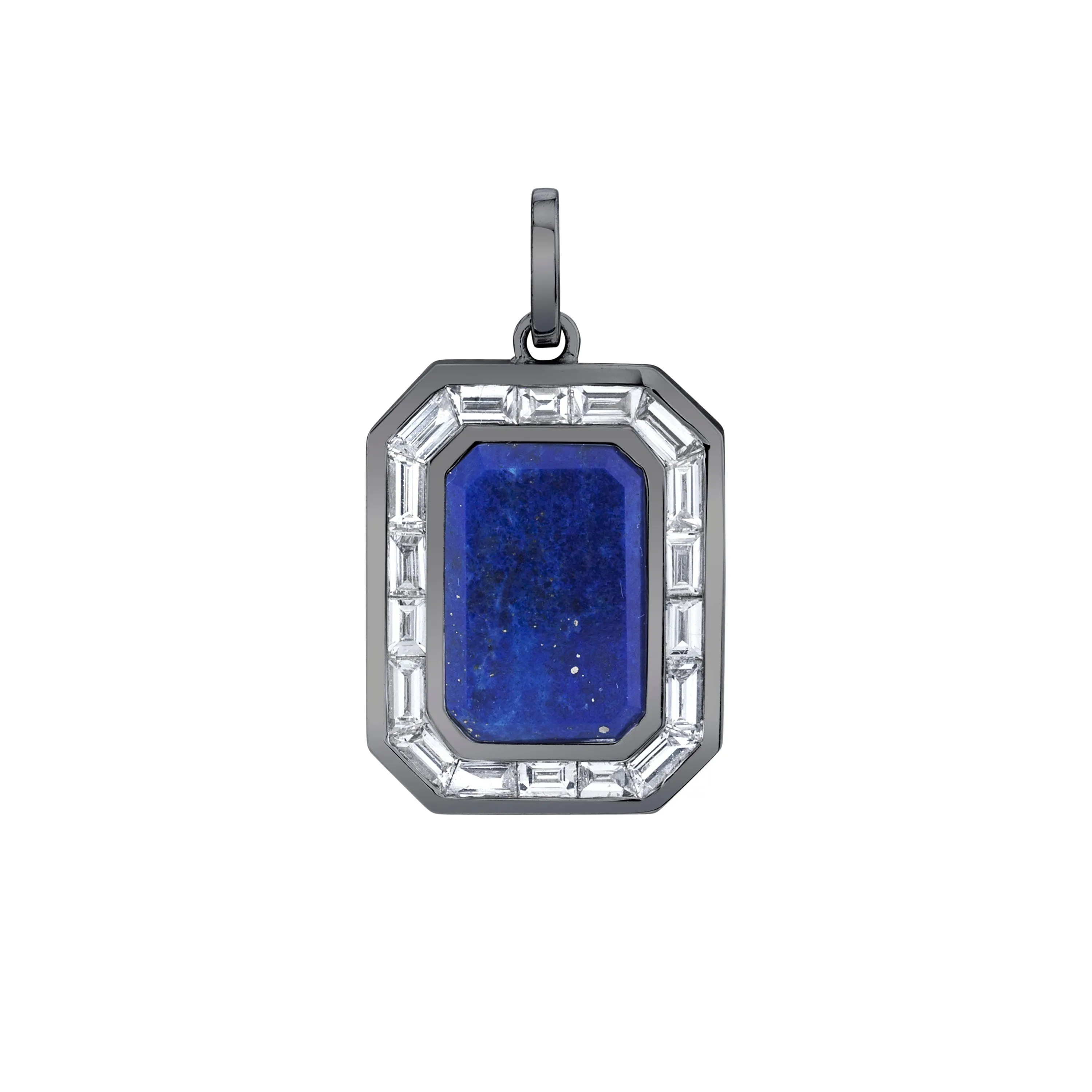 LAPIS NAMEPLATE PENDANT W/ BAGUETTE DIAMOND BORDER