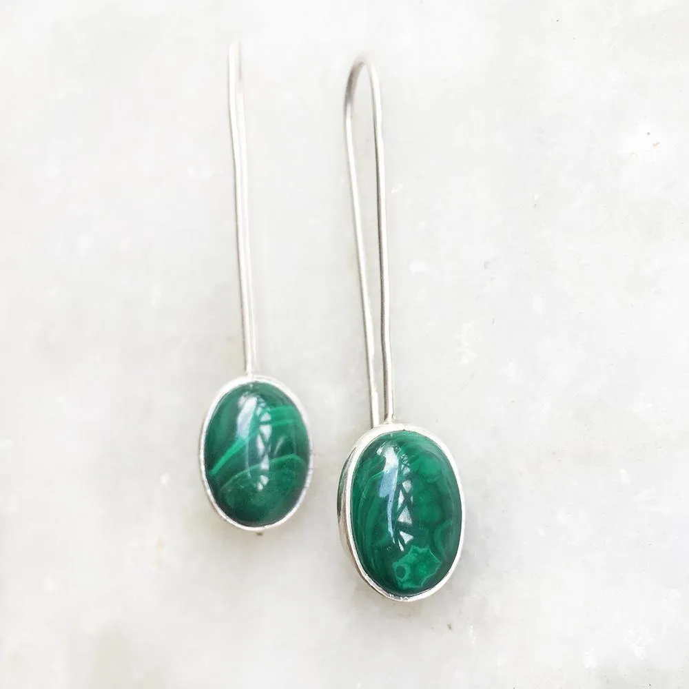 Malachite Long Hook Silver Earring
