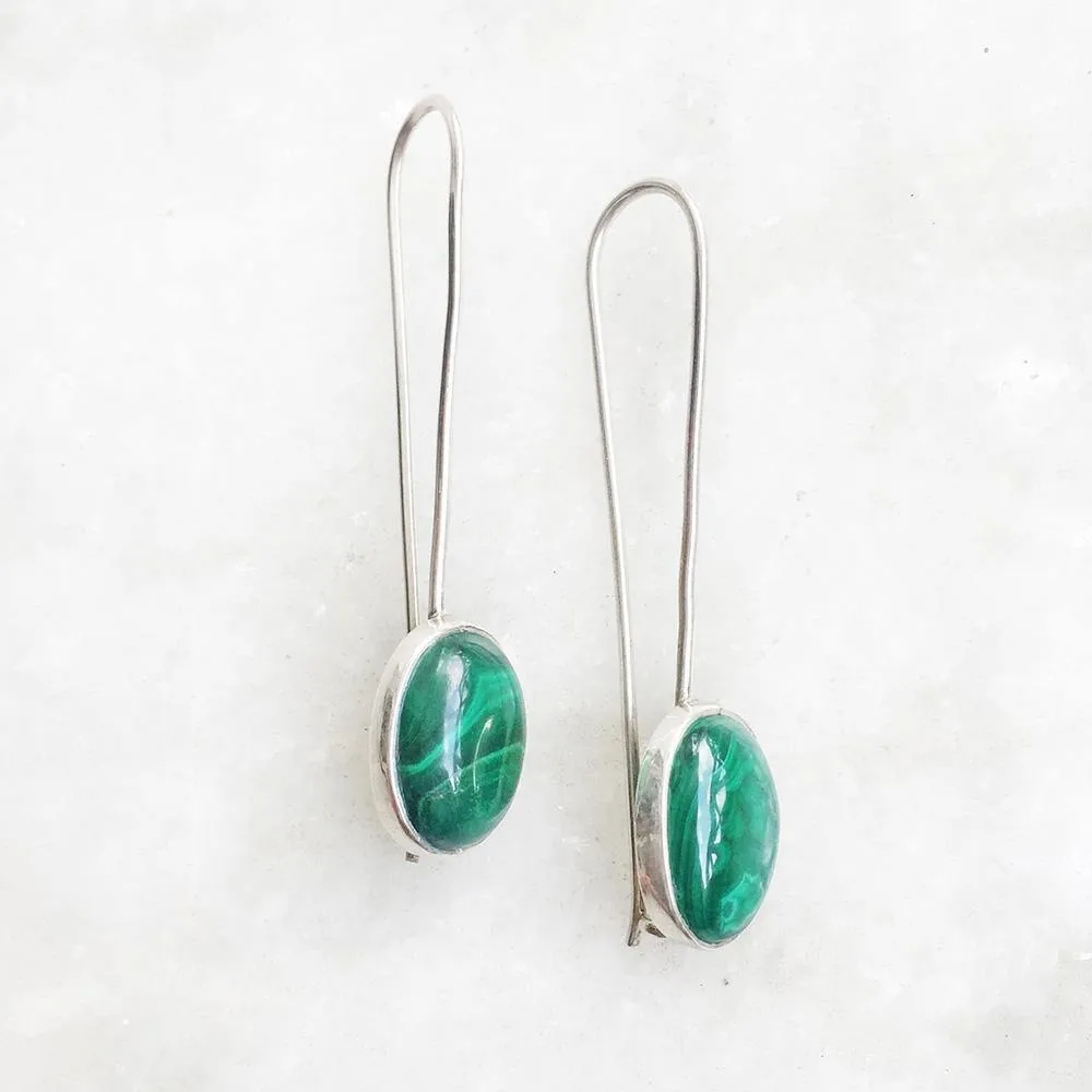 Malachite Long Hook Silver Earring