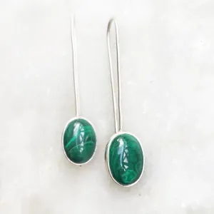 Malachite Long Hook Silver Earring