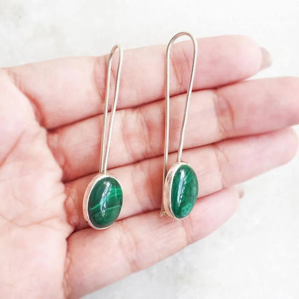 Malachite Long Hook Silver Earring