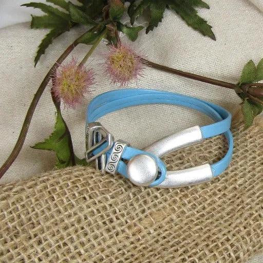 Men's Light Blue Awareness Leather Cord Bracelet Wishbone Design