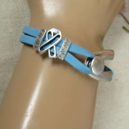 Men's Light Blue Awareness Leather Cord Bracelet Wishbone Design