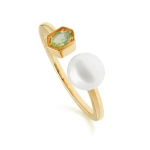 Moderen Perle & Peridot Offen Ring in Vergoldetem Sterling Silber