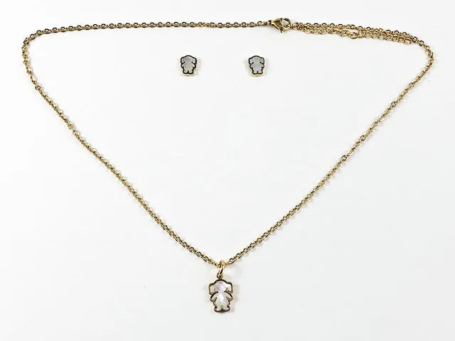 Modern Mother Of Pearl Girl Figure Design Gold Tone Necklace Earring Steel Set