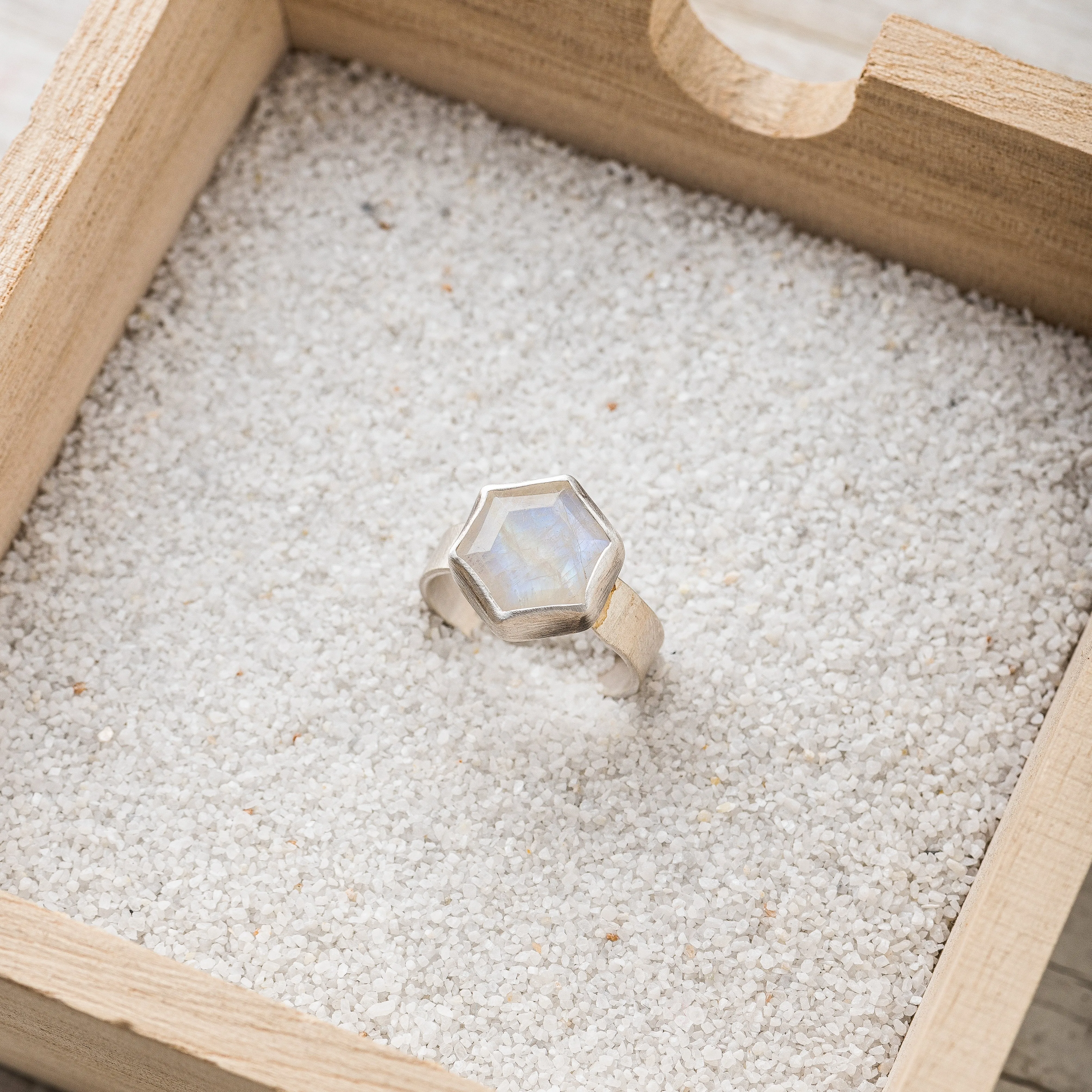 Moonstone Hex Ring on Hammered Band