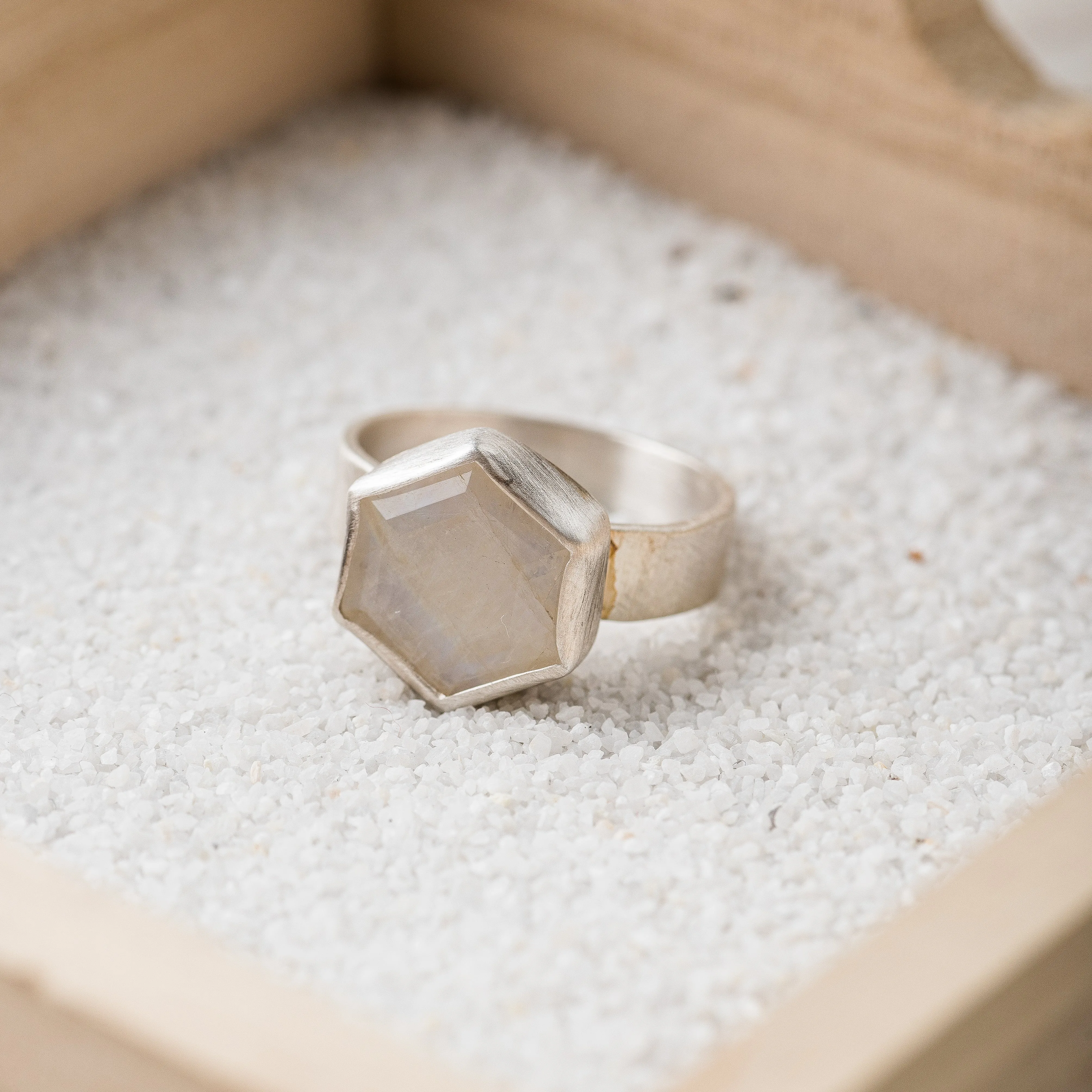 Moonstone Hex Ring on Hammered Band