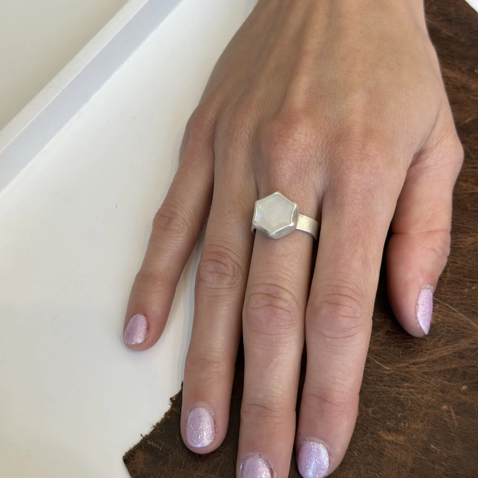 Moonstone Hex Ring on Hammered Band