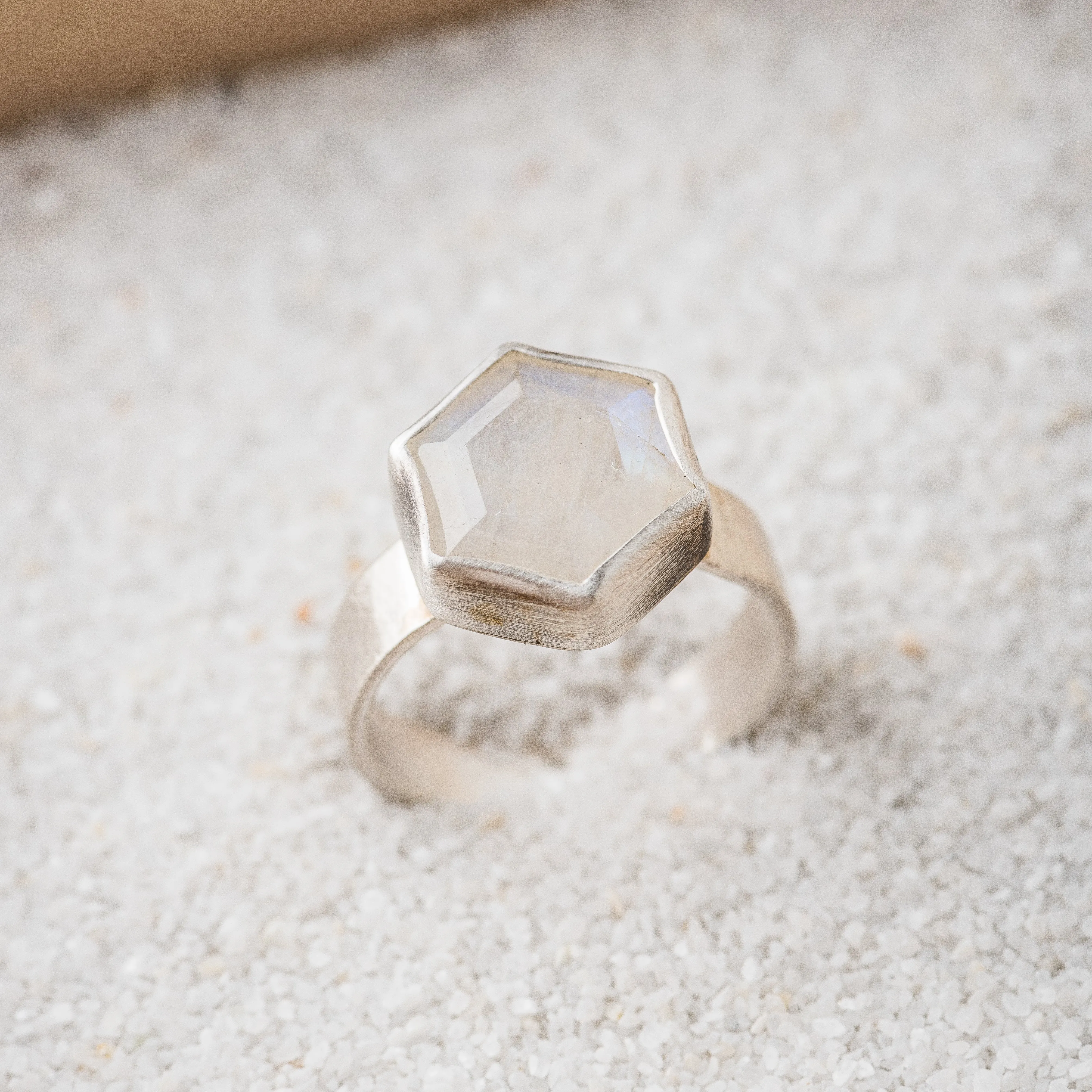 Moonstone Hex Ring on Hammered Band