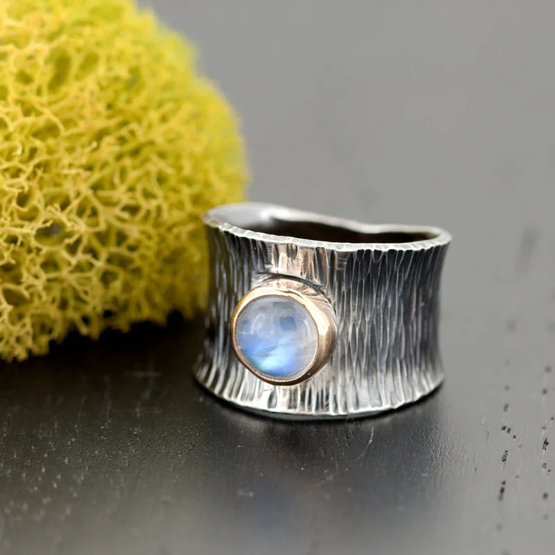 Moonstone Mixed Silver and 14k Gold Ring - RIPPLE
