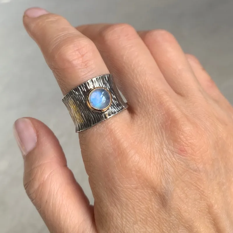 Moonstone Mixed Silver and 14k Gold Ring - RIPPLE