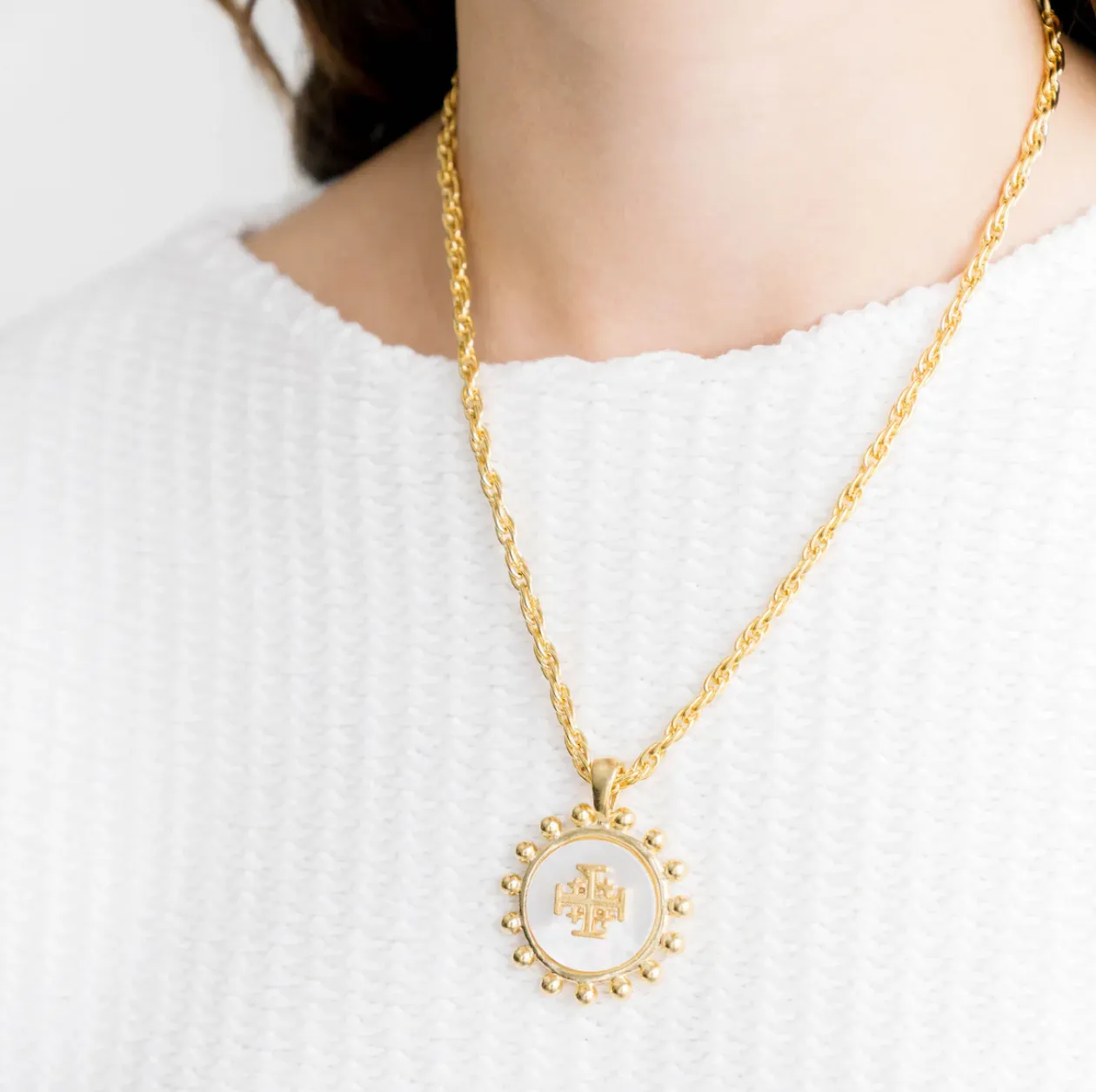 M.O.P. Jerusalem Cross Pendant Chain Necklace
