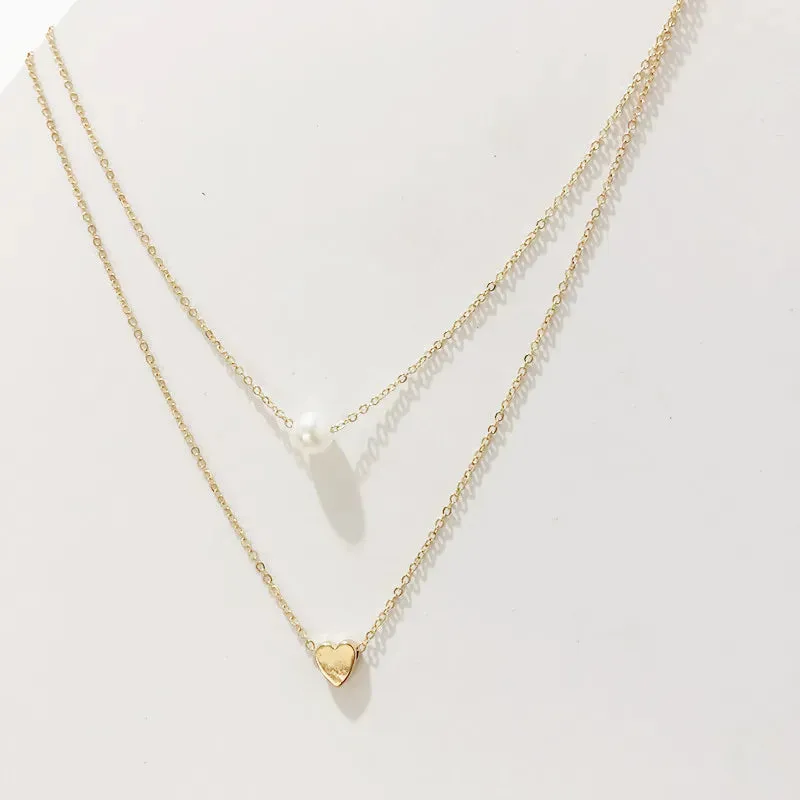 New Double Layer Necklace For Women Imitation Pearl Crystal Heart Pendant Chokers Necklaces Girls Gift Bohemia Cheap Jewelry