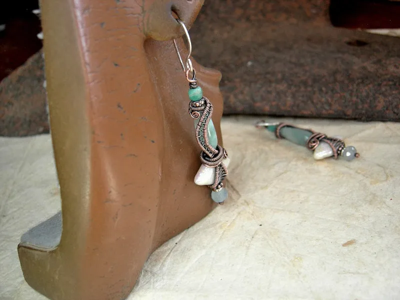 Oceana Earrings, Diamond Shaped Pearls, Green Moonstone, Copper Wire Wrap