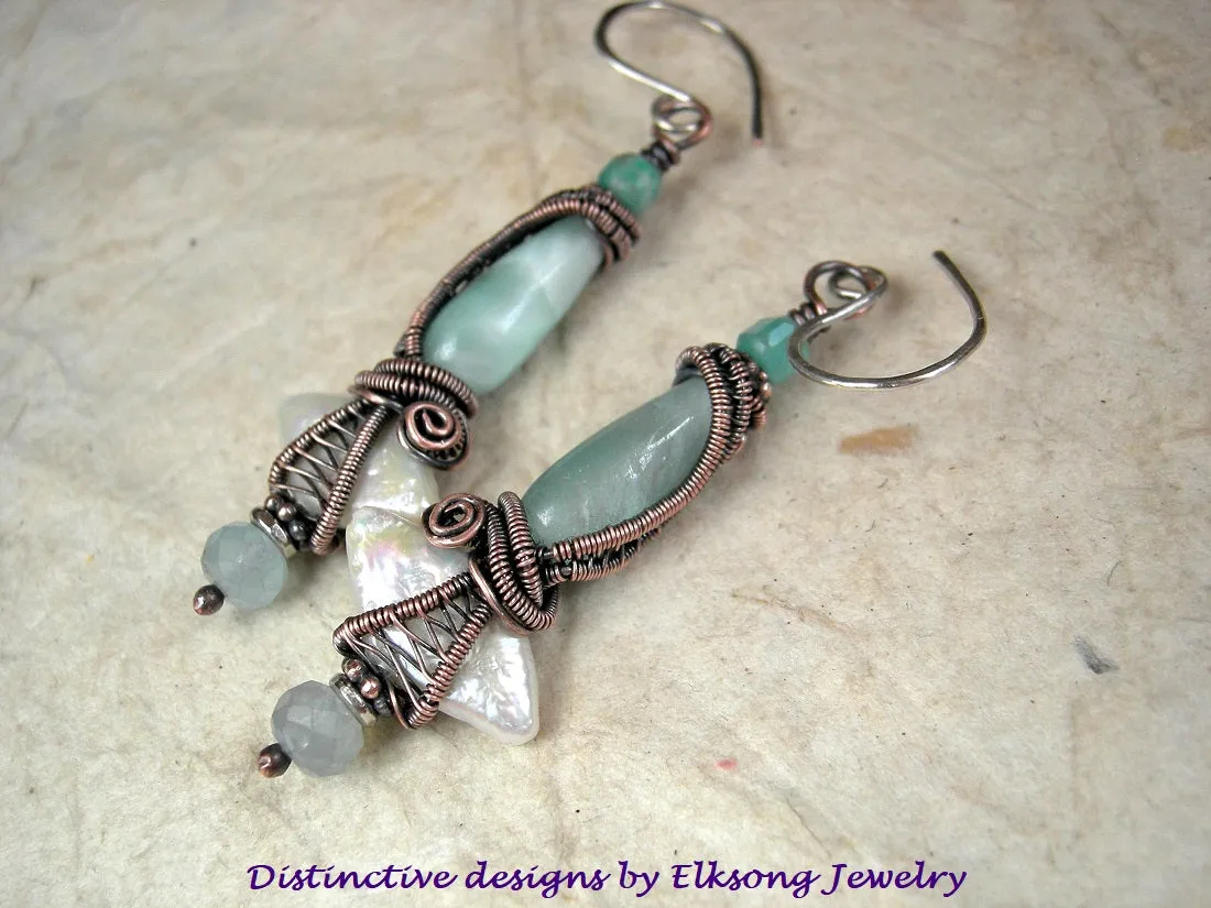 Oceana Earrings, Diamond Shaped Pearls, Green Moonstone, Copper Wire Wrap