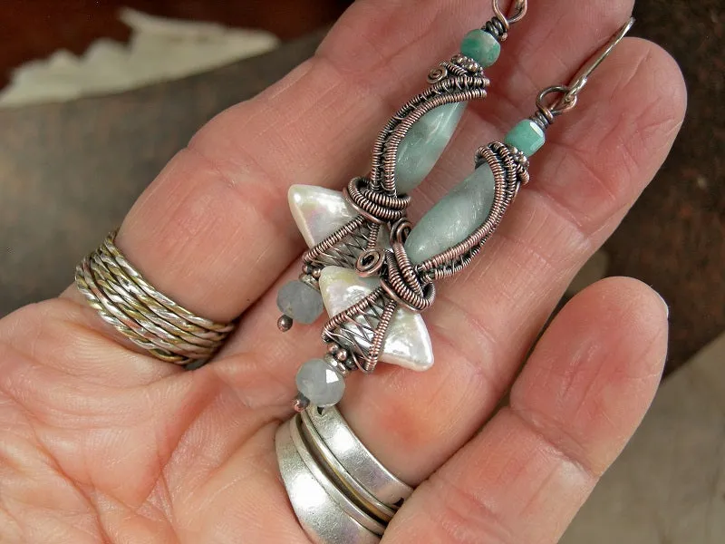 Oceana Earrings, Diamond Shaped Pearls, Green Moonstone, Copper Wire Wrap