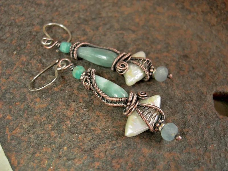 Oceana Earrings, Diamond Shaped Pearls, Green Moonstone, Copper Wire Wrap