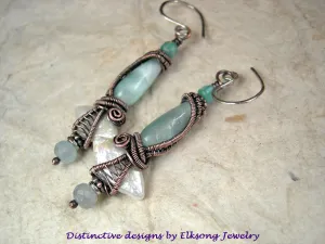 Oceana Earrings, Diamond Shaped Pearls, Green Moonstone, Copper Wire Wrap