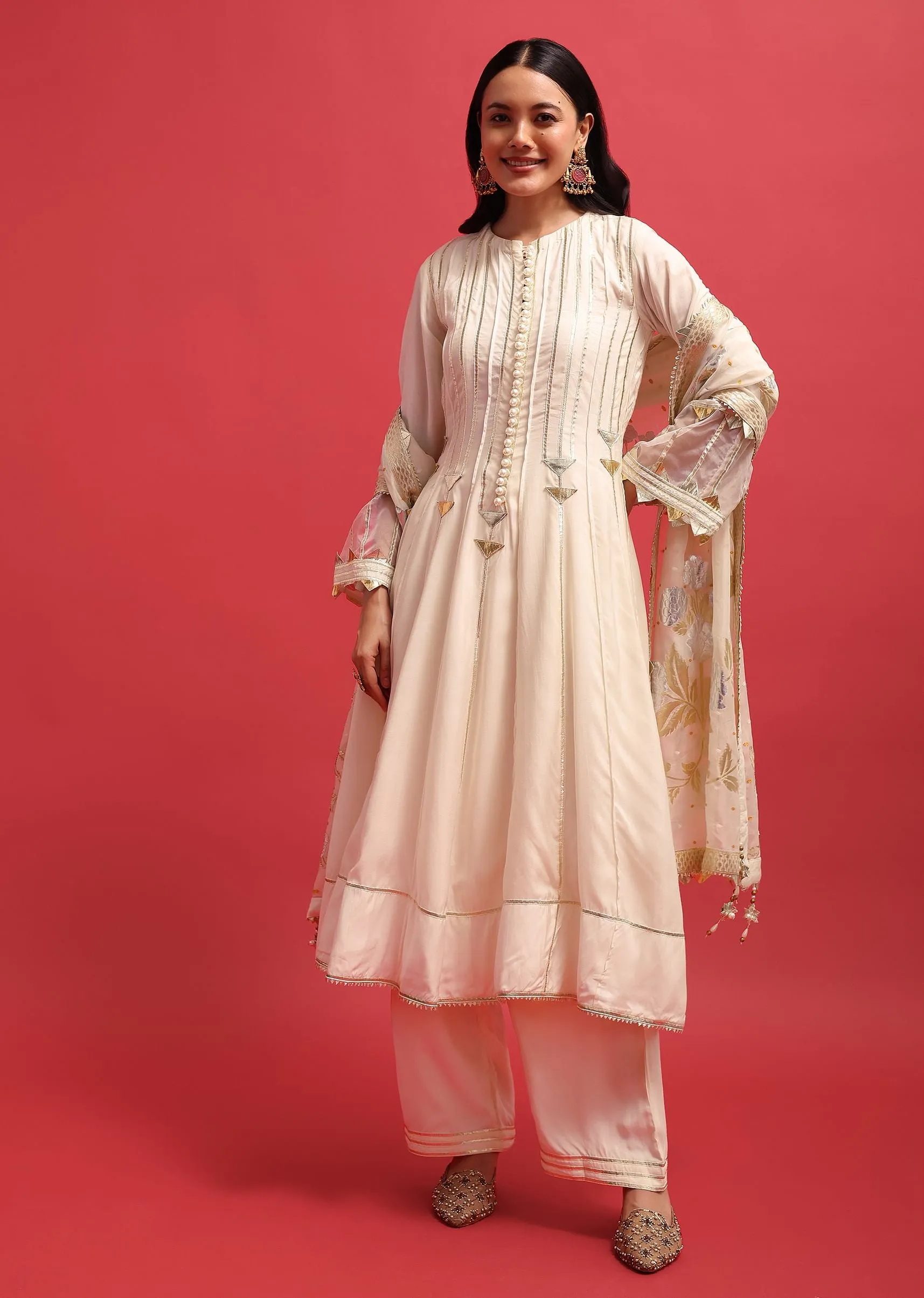 Off White Silk Kurta Palazzo Set With Potli Bag