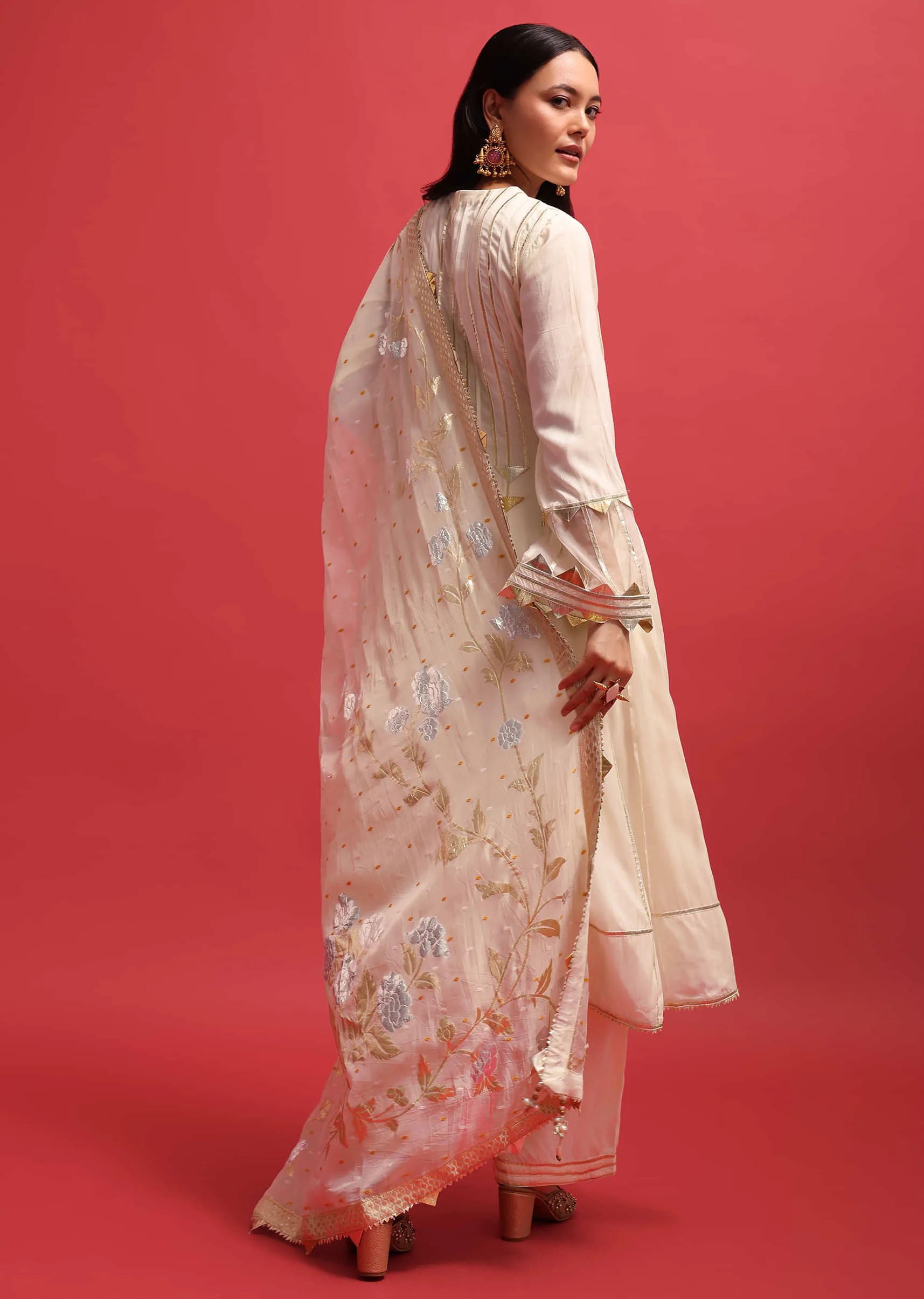 Off White Silk Kurta Palazzo Set With Potli Bag