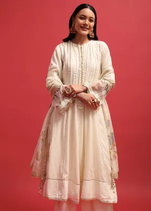 Off White Silk Kurta Palazzo Set With Potli Bag