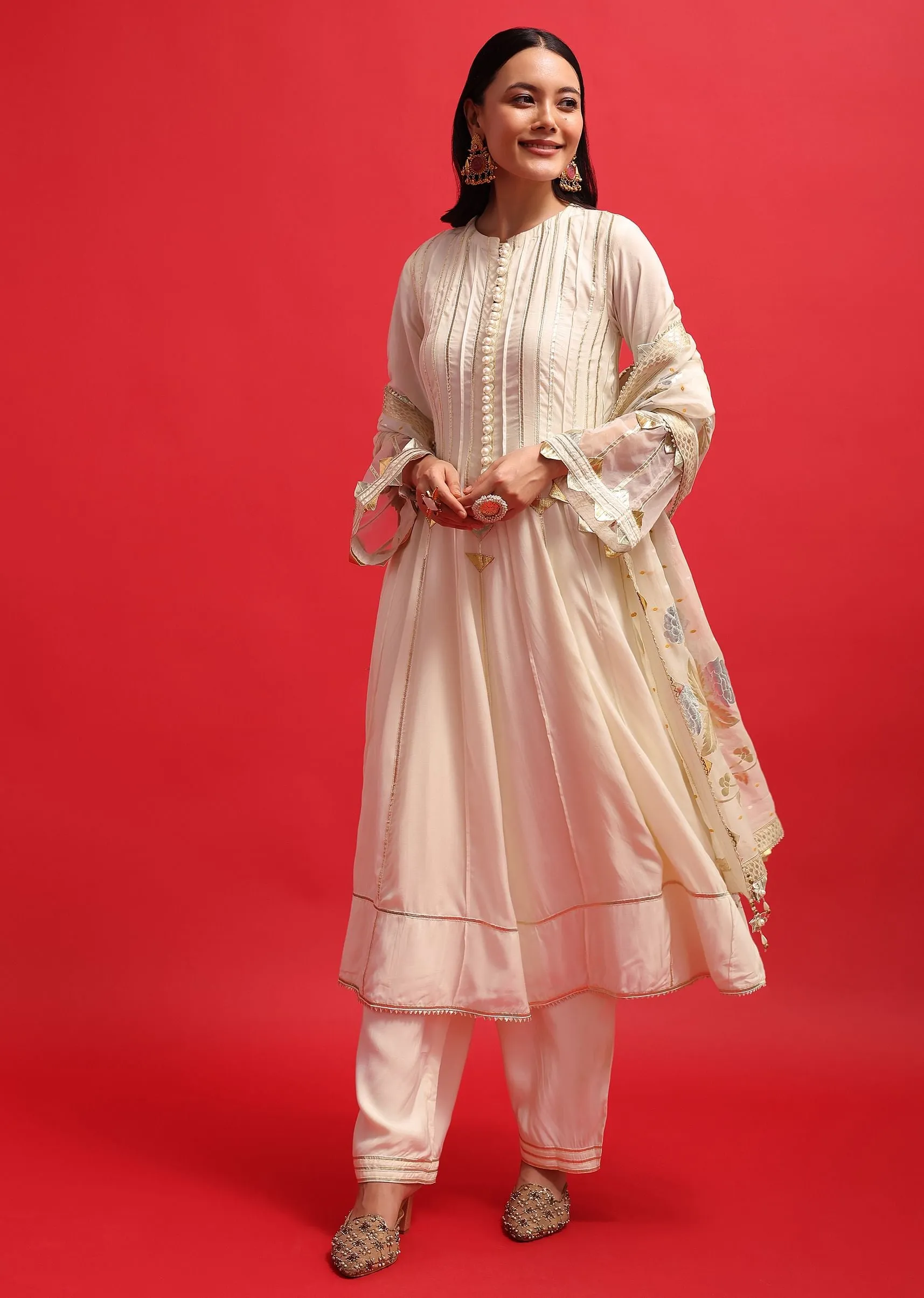 Off White Silk Kurta Palazzo Set With Potli Bag