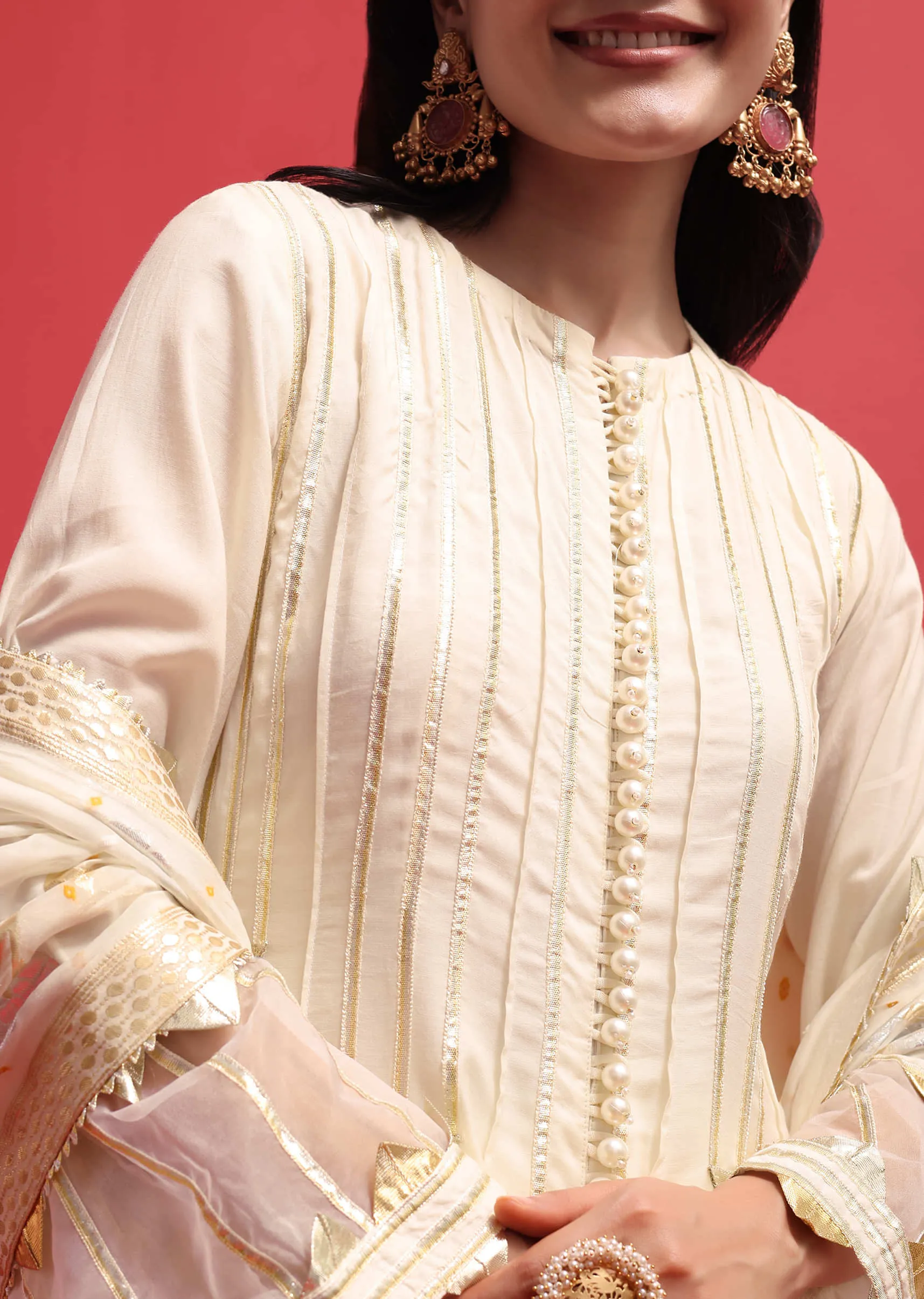 Off White Silk Kurta Palazzo Set With Potli Bag
