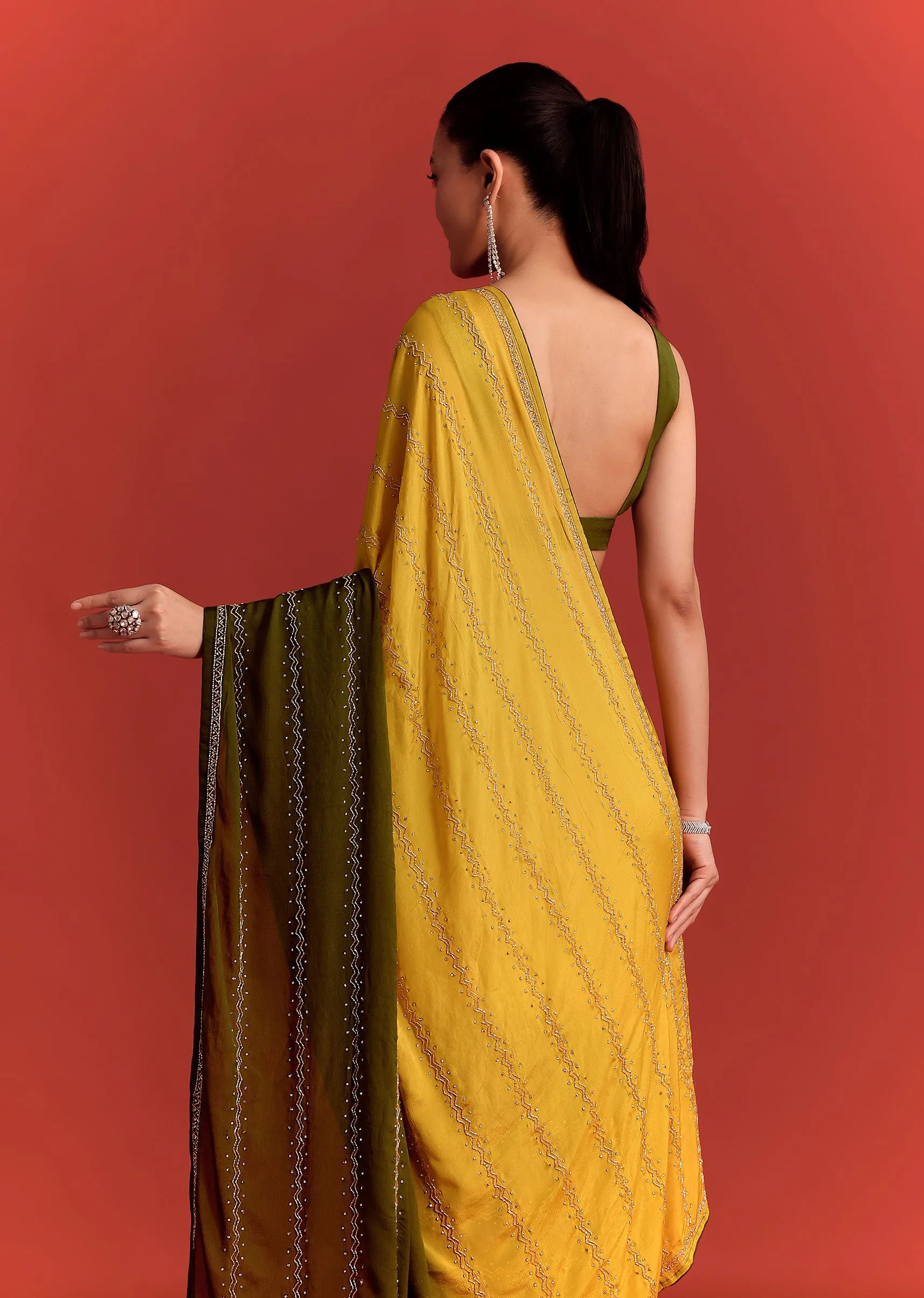 Olive Green Dual Shaded Chinon Saree With Cutdana Work