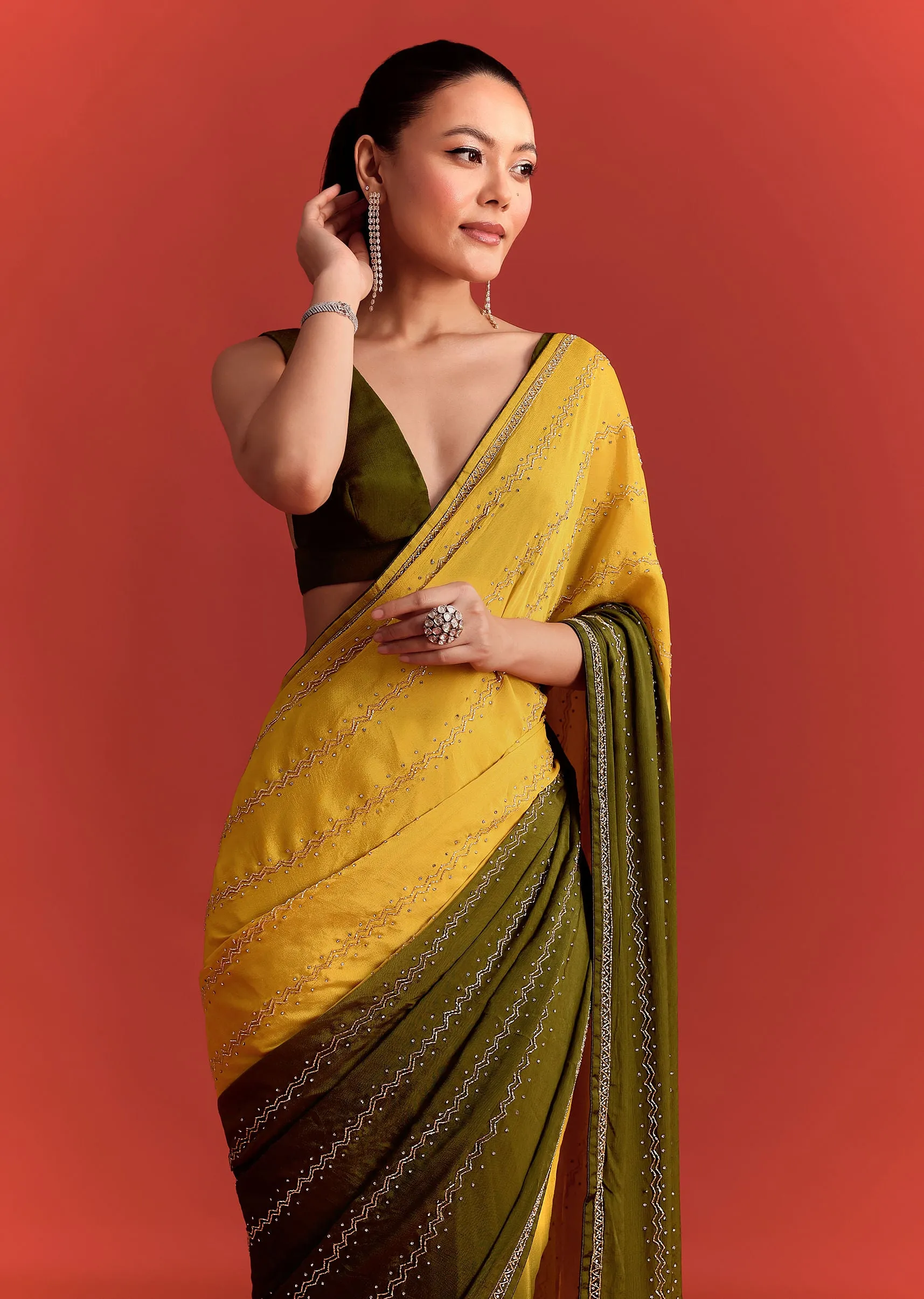 Olive Green Dual Shaded Chinon Saree With Cutdana Work