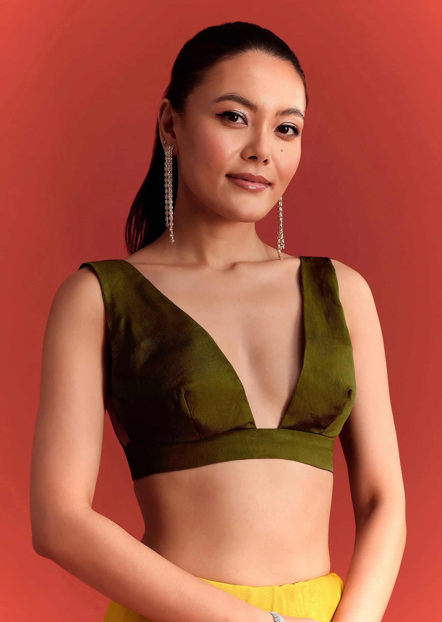 Olive Green Dual Shaded Chinon Saree With Cutdana Work