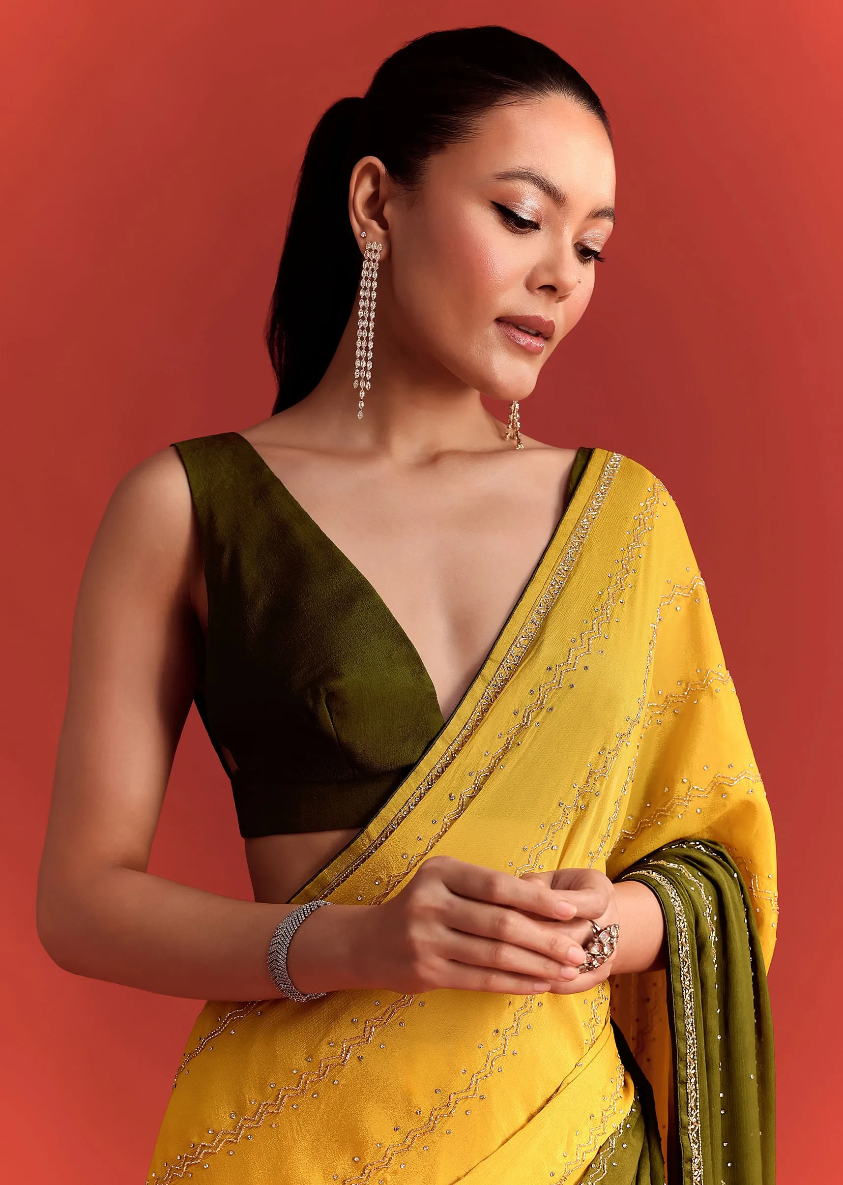 Olive Green Dual Shaded Chinon Saree With Cutdana Work