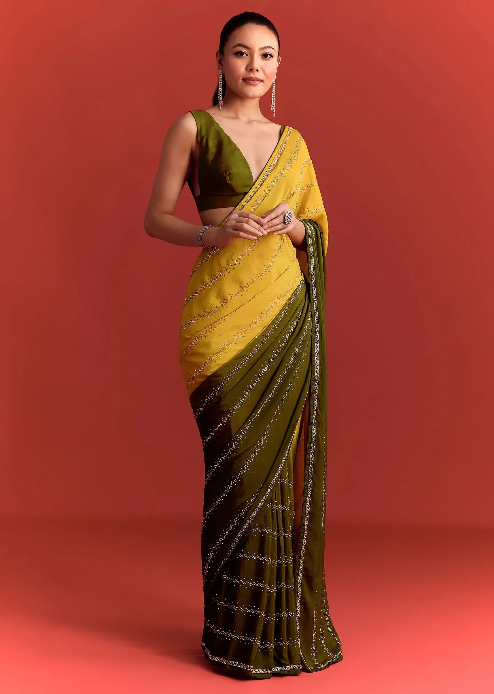 Olive Green Dual Shaded Chinon Saree With Cutdana Work