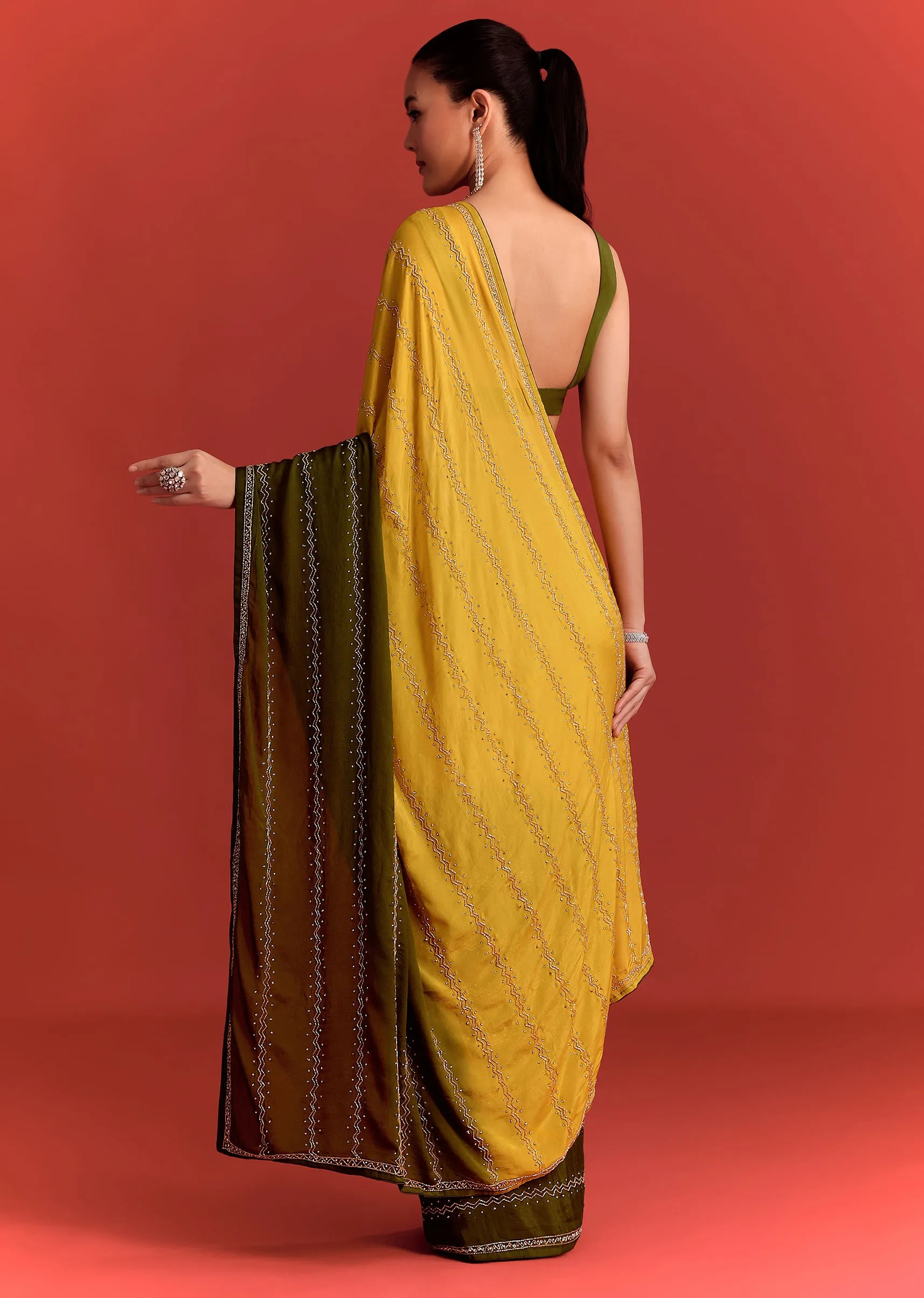 Olive Green Dual Shaded Chinon Saree With Cutdana Work