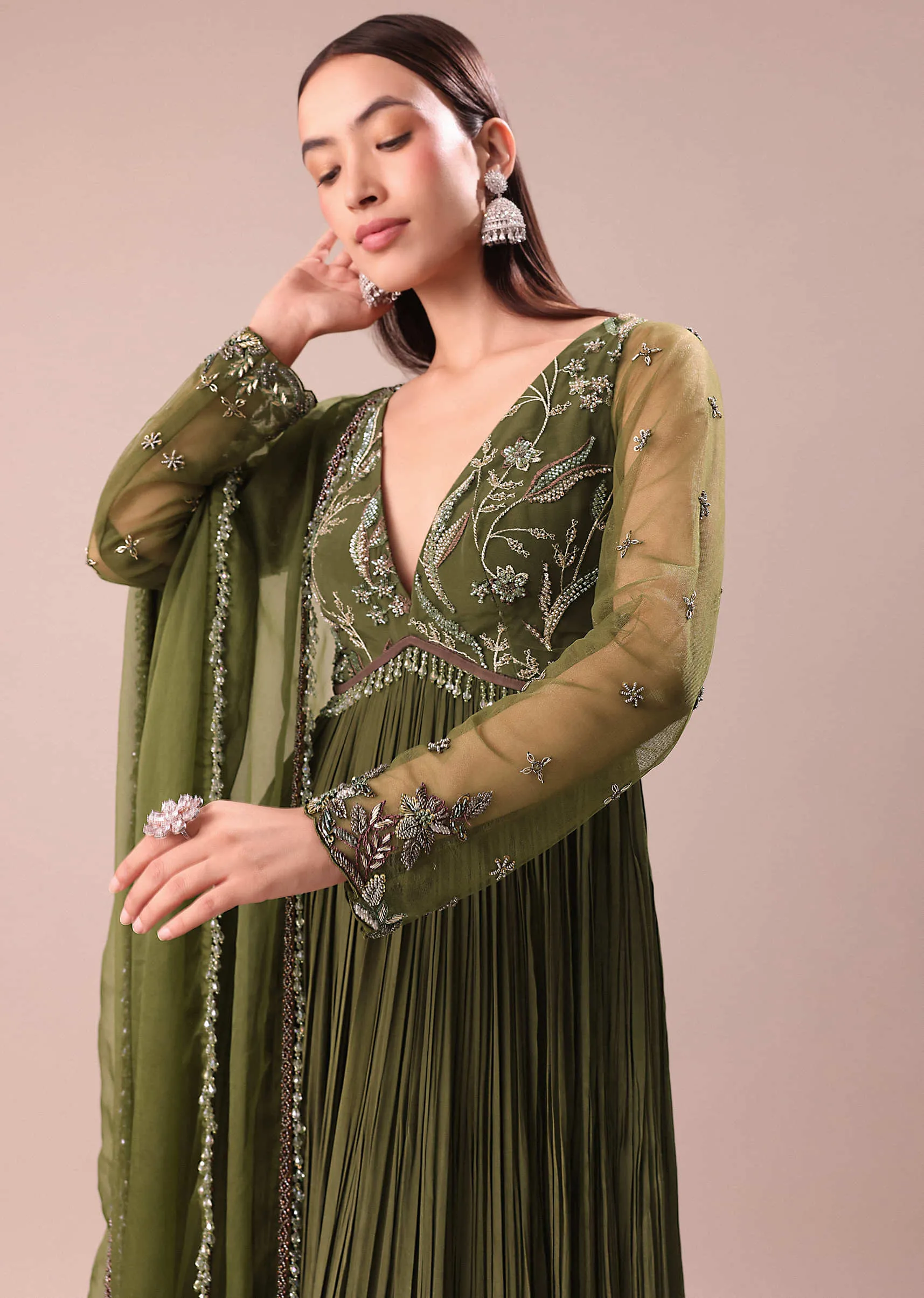 Olive Green Hand Embroidered Crepe Full Anarkali Suit