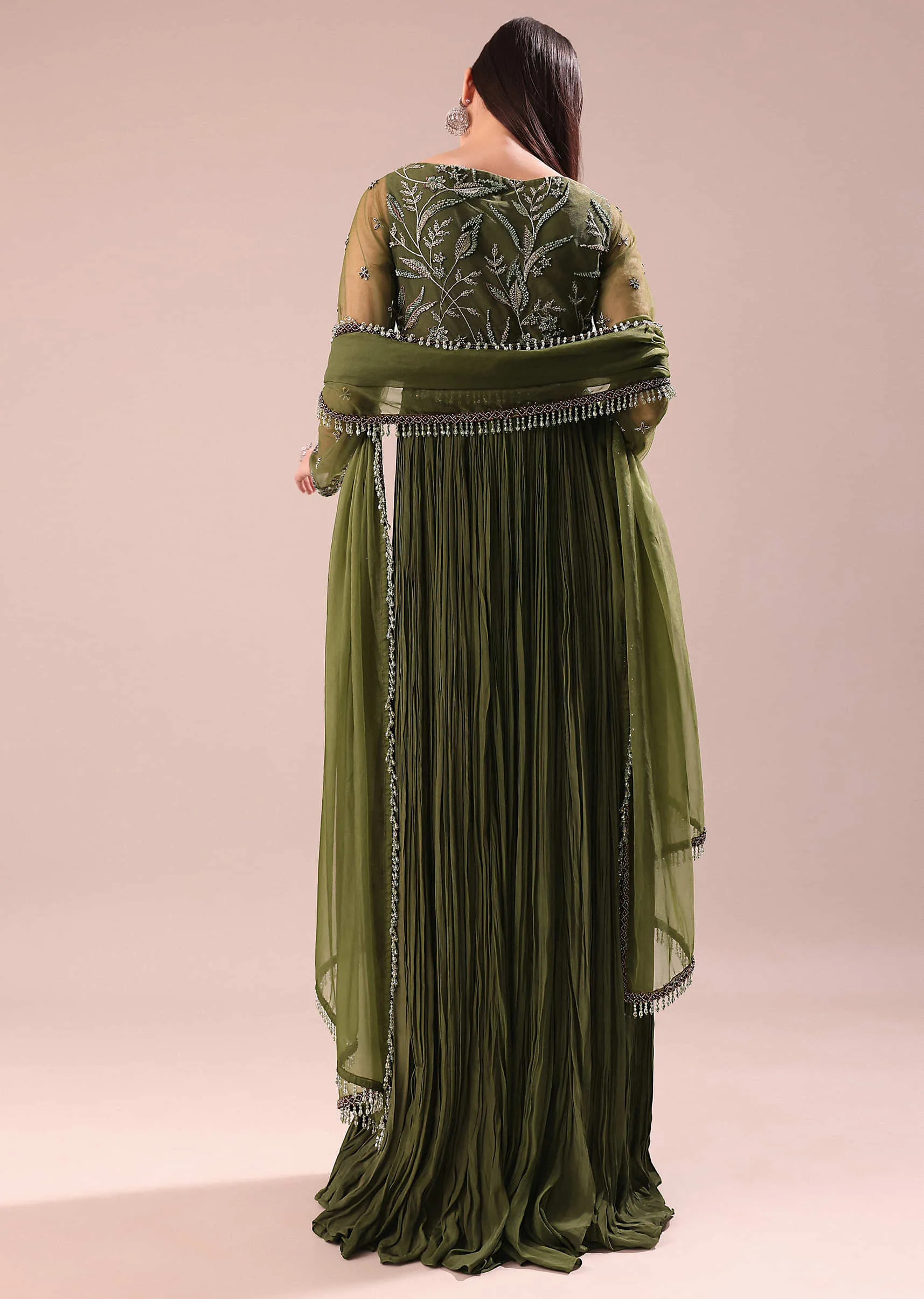 Olive Green Hand Embroidered Crepe Full Anarkali Suit