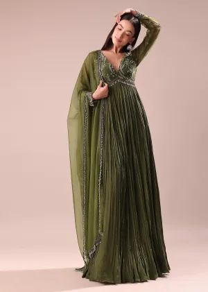 Olive Green Hand Embroidered Crepe Full Anarkali Suit
