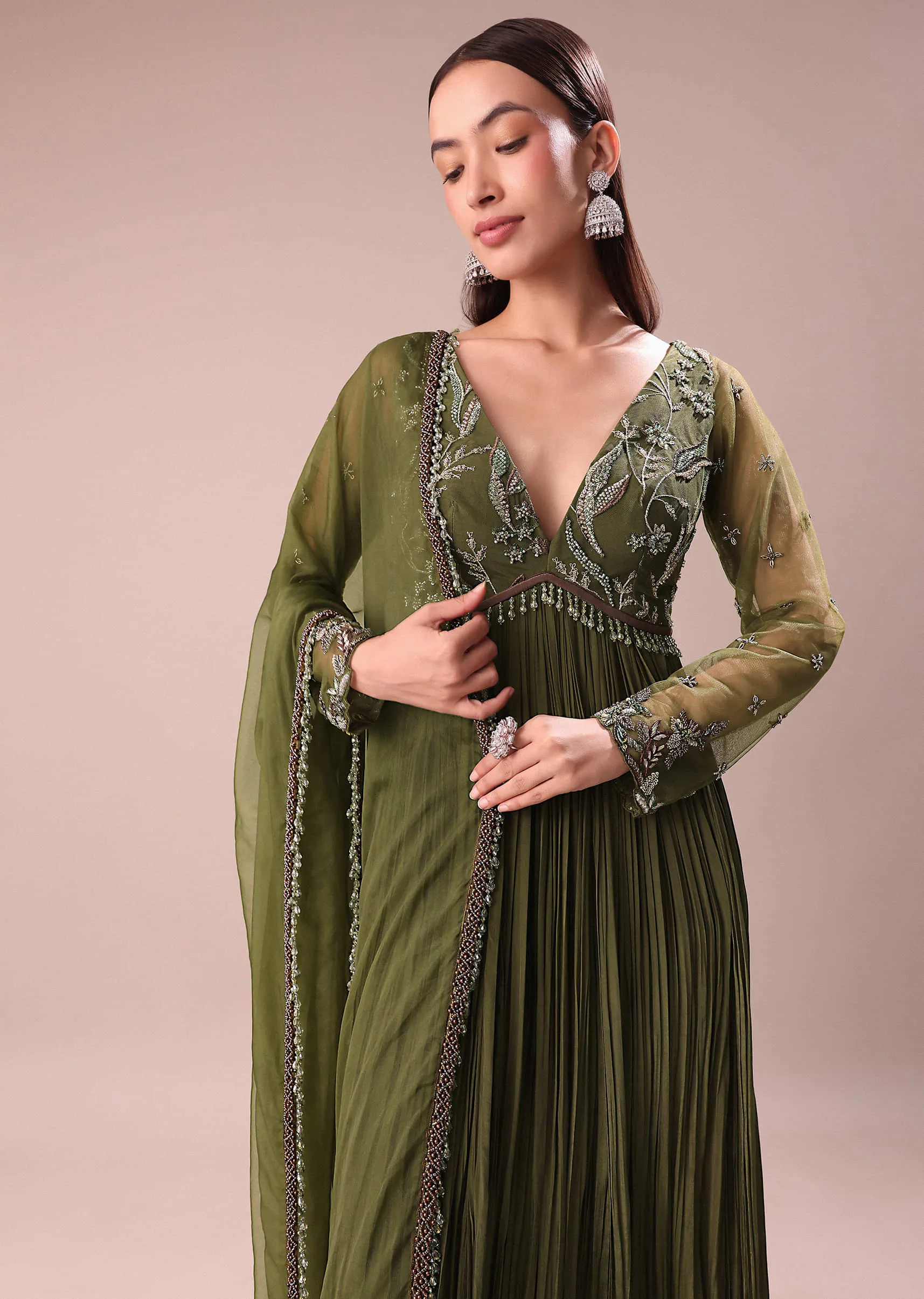 Olive Green Hand Embroidered Crepe Full Anarkali Suit