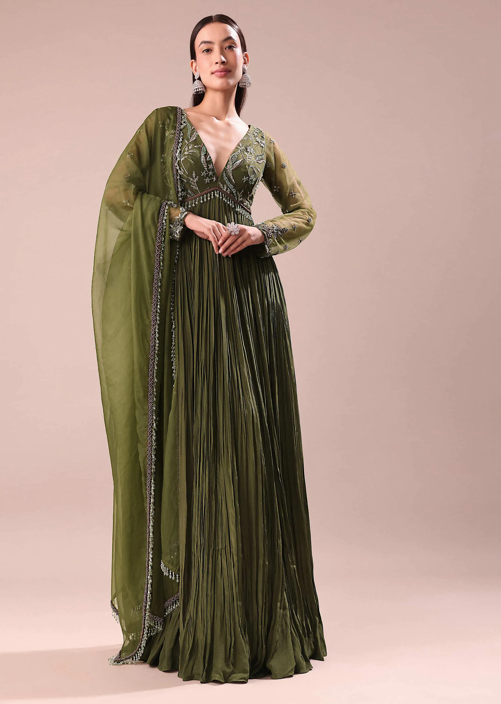 Olive Green Hand Embroidered Crepe Full Anarkali Suit