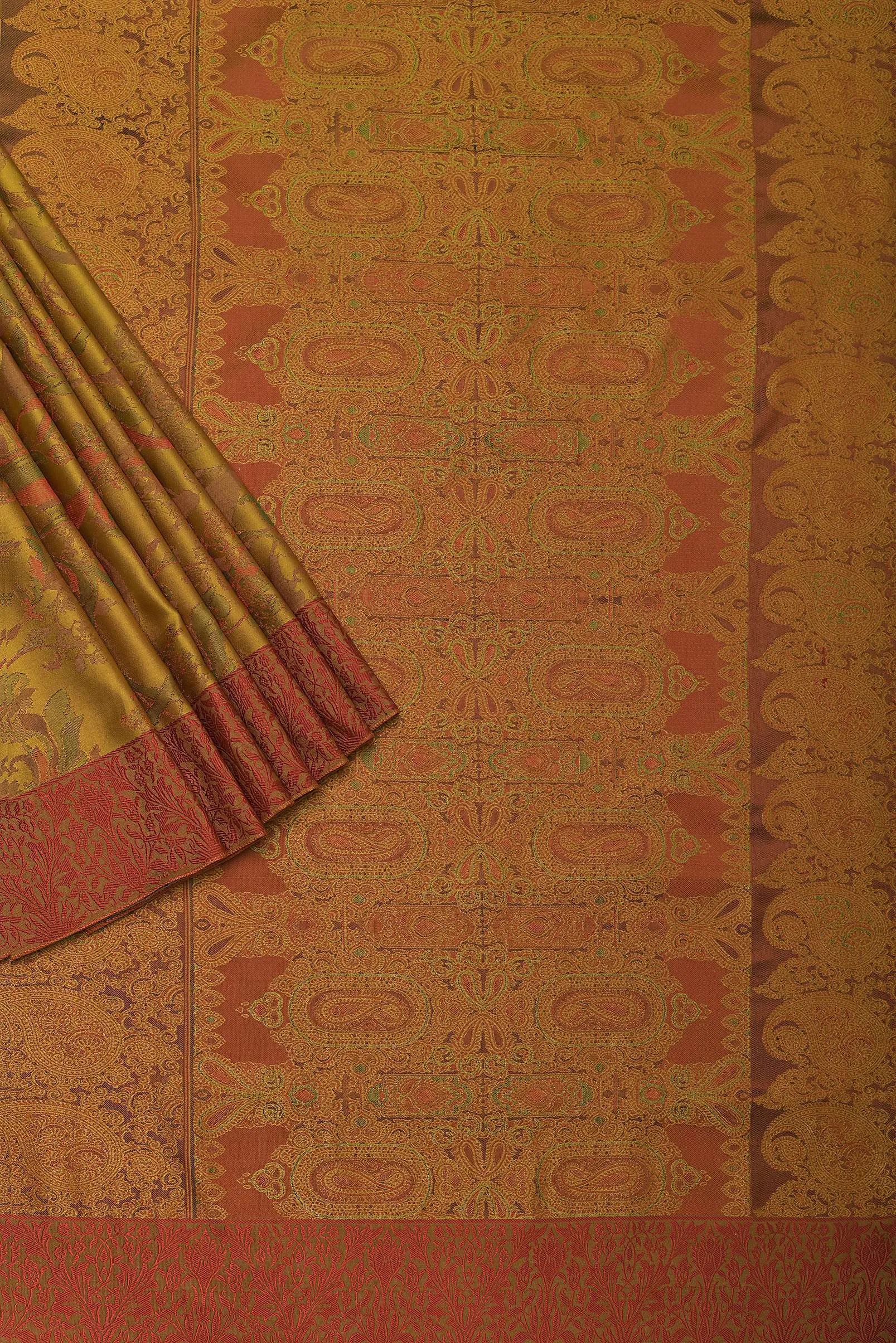 Orange Saree In South Resham Silk With Kashmiri Weave And Unstitched Blouse Fabric