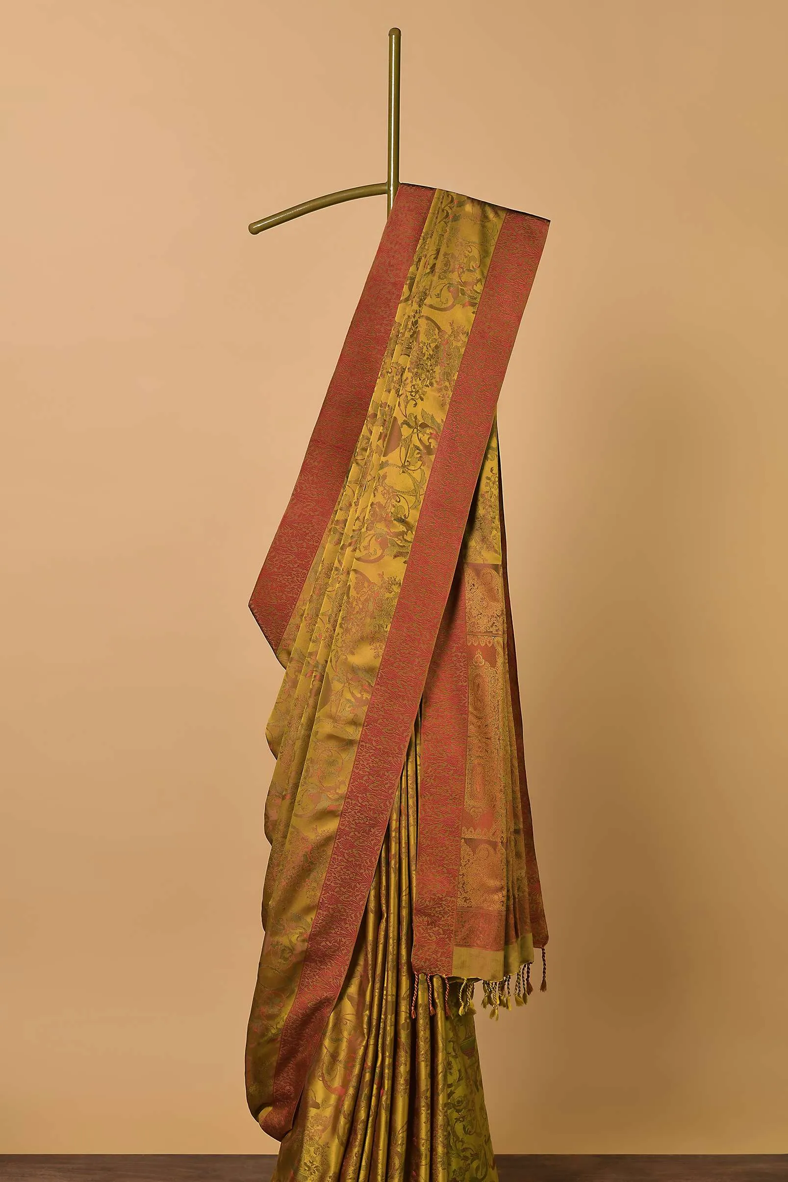 Orange Saree In South Resham Silk With Kashmiri Weave And Unstitched Blouse Fabric