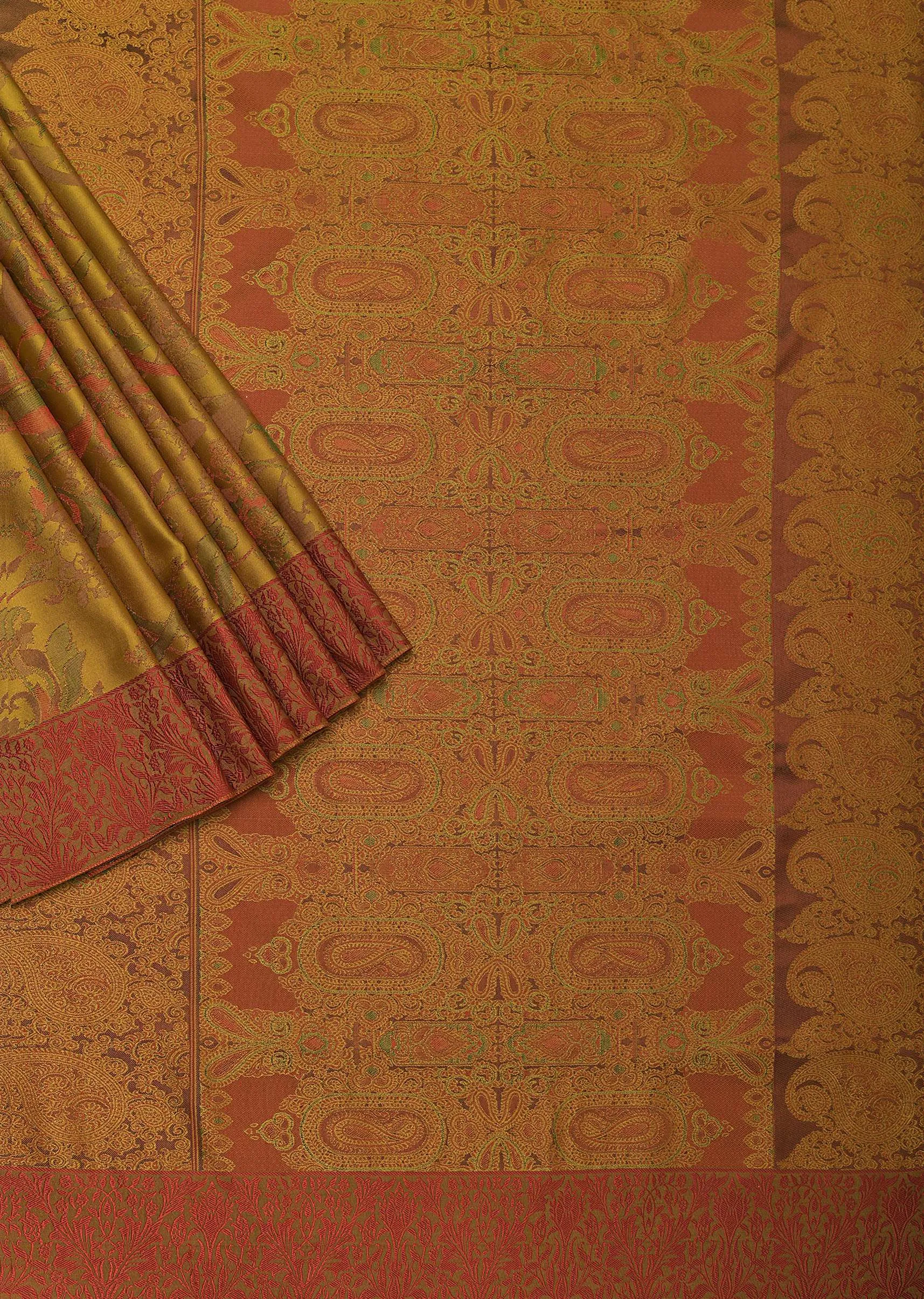 Orange Saree In South Resham Silk With Kashmiri Weave And Unstitched Blouse Fabric
